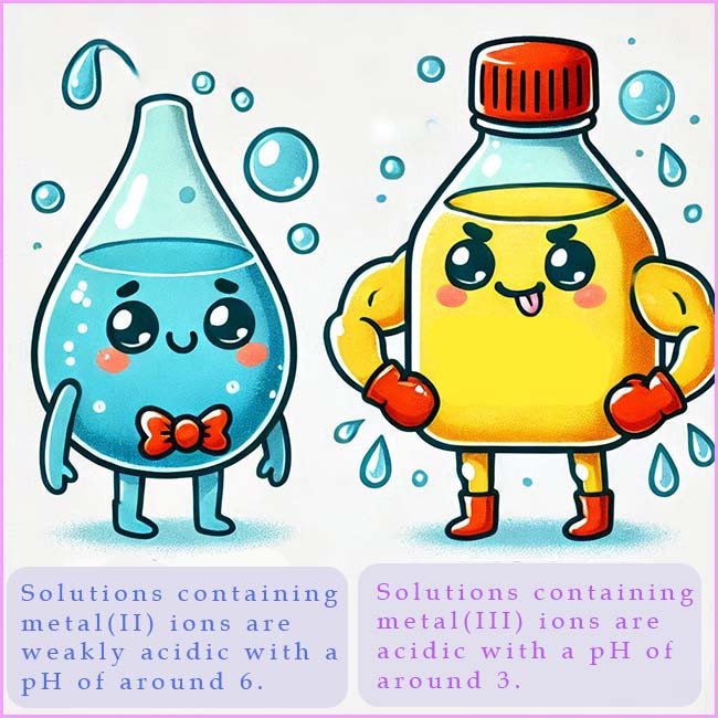 cartoon style image to show that solutions containing metal ions with a 3+ charge are more acidic than solutions which contain a metal ion with a 2+ charge